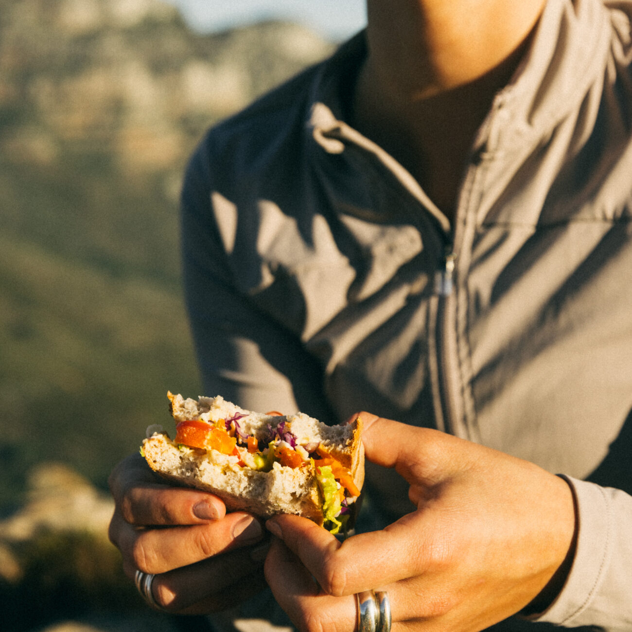 sandwich eaten by female on mountain