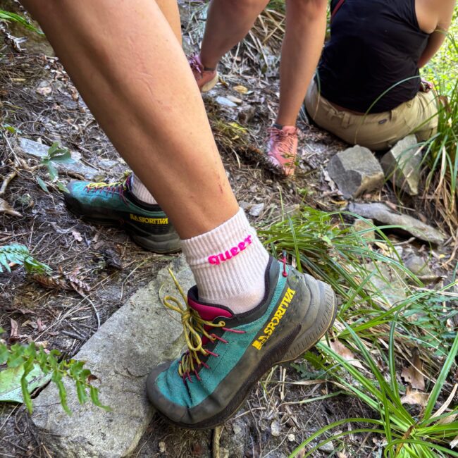 hiking shoe with sock that says QUEER