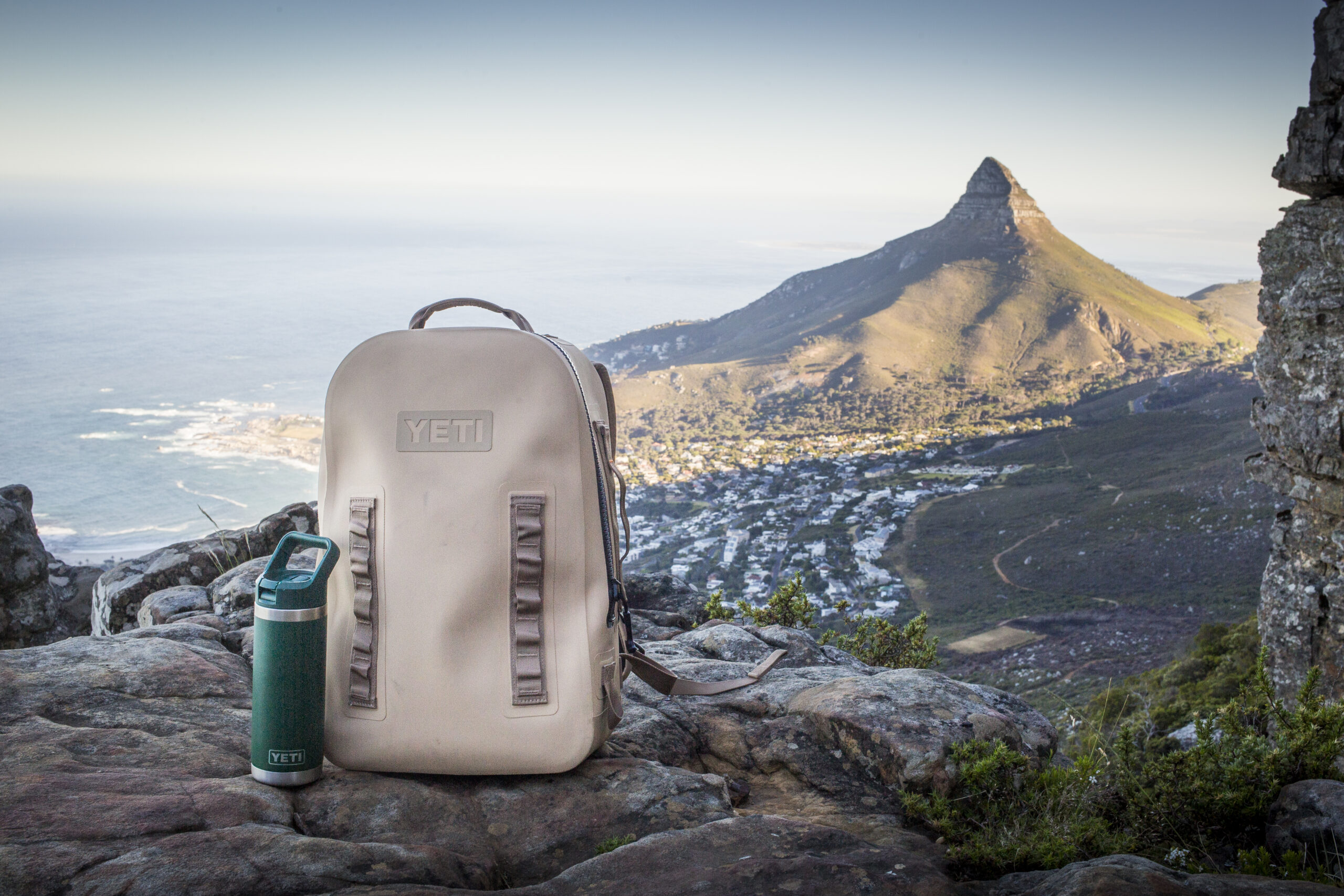 hiking backpack on mountain with water bottle cape town